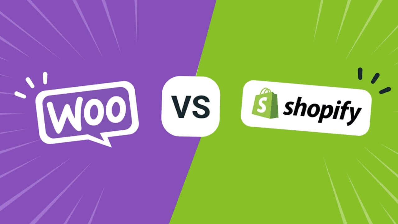 WooCommerce vs Shopify comparison graphic showing two logos on purple and green backgrounds